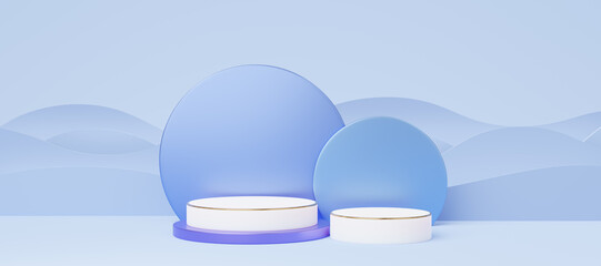 Wall Mural - 3D White Pedestal mockup space for display of product design. 2 Empty cylinder podium with gold border on blue wave background. Abstract pastel minimal studio geometric. Paper cut style. 3d rendering.