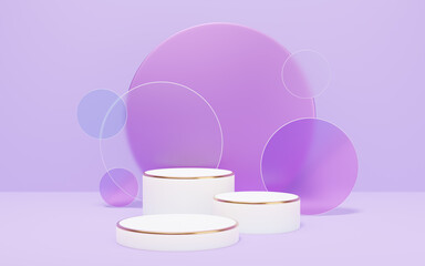 Wall Mural - 3 white marble cylinder podium with gold border on glass arch circle purple background. Empty pedestal mockup space for display product design. Abstract minimal studio geometric object. 3d rendering.