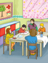 Students Attending Nursery And Kindergarten. Activity At School.