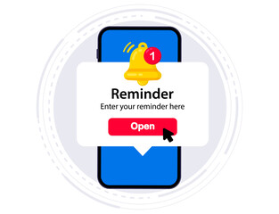 Fototapete - Smartphone with alarm clock reminder message on screen. New notice on the phone. Alert notification with notification bell. Important reminder. Important event push message. Timer notification