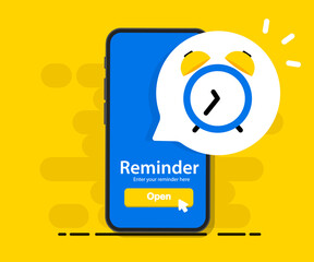 Fototapete - Smartphone with alarm clock reminder message on screen. New notice on the phone. Alert notification with notification bell. Important reminder. Important event push message. Timer notification