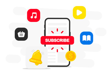Poster - Subscribe button. Smartphone with subscribe web button for online service. Digital social marketing. Social media concept. Subscribe to video channel, blog newsletter, music, shop. Vector illustration