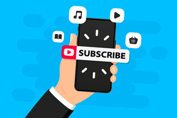 Poster - Subscribe button. Smartphone with subscribe web button for online service. Digital social marketing. Social media concept. Subscribe to video channel, blog newsletter, music, shop. Vector illustration