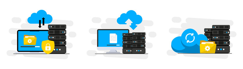 Aufkleber - Online Cloud computing. Data Center. Web hosting service. Database for documents and file. Cloud storage. Upload and download data, file management. Data transfering, backup. Vector illustration