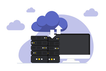Aufkleber - Online Cloud computing. Data Center. Web hosting service. Database for documents and file. Cloud storage. Upload and download data, file management. Data transfering, backup. Vector illustration