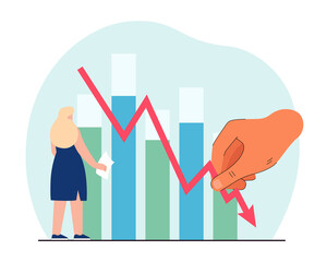 Employee looking at business statistics chart with down arrow. Big hand holding downward arrow flat vector illustration. Company failure, crisis, bankruptcy, finance concept for banner, website design