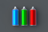Fototapeta Młodzieżowe - Metallic cans of spray paint. Hairspray or lacquer. Disinfectant sprayer. Renovation equipment. Gas in aerosol container. Tool for street art. Top view. 3d render