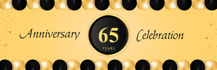 Wall Mural - 65 years anniversary celebration with gold and black balloon borders isolated on yellow background. Premium design for happy birthday, marriage, greetings card, celebration events, graduation.