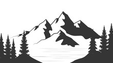 Landscape With Silhouettes Of Mountains And Mountain River. Nature Background. Vector Illustration. Old Style Black And White Mountain Vector Illustration.
