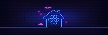 Neon Light Glow Effect. Pet Shelter Line Icon. Veterinary Clinic Sign. Pets Care Symbol. 3d Line Neon Glow Icon. Brick Wall Banner. Pet Shelter Outline. Vector