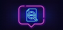 Neon Light Speech Bubble. Seo Target Line Icon. Search Engine Optimization Sign. File Document Symbol. Neon Light Background. Seo File Glow Line. Brick Wall Banner. Vector