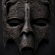 Concept Of An Ancient Dark Wood Mask With Intricately Carved Details