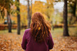 Back view faceless portrait of red-haired girl with fall leaves in hair. Autumn Portrait of happy woman
