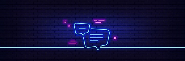 Neon light glow effect. Text message line icon. Chat comment sign. Speech bubble symbol. 3d line neon glow icon. Brick wall banner. Text message outline. Vector