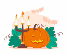 Halloween Pumpkin Lantern And A Candlestick