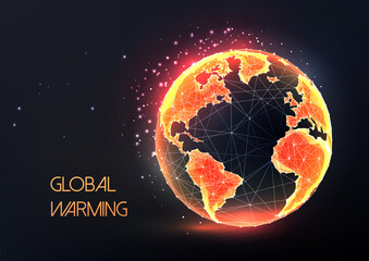 concept of global warming with red burning planet earth globe in futuristic glowing style on black