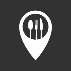 Food destination point. Fast food and take away symbol for location address bar map pointer restaurant, cafe, bistro and diner. Vector stock illustration isolated on black background. 