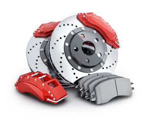 Poster - Car brake disc and pads on white background