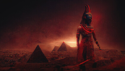 Wall Mural - Abstract Egyptian fantasy landscape. The image of a female pharaoh in a mask. Red neon light. Desert with pyramids. Night desert landscape. 3D illustration.