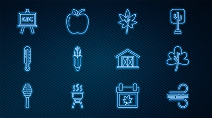 Wall Mural - Set line Wind, Leaf or leaves, Corn, Meteorology thermometer, Chalkboard, Farm house and Apple icon. Vector