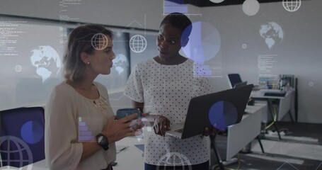 Wall Mural - animation of data processing and globe icons over diverse business people in office
