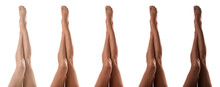 Young Woman With Beautiful Legs On White Background, Closeup. Banner Collage Showing Stages Of Suntanning