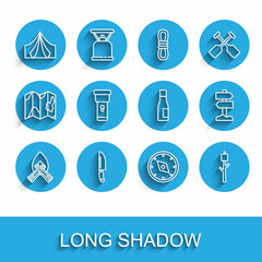 Sticker - Set line Campfire, Knife, Tourist tent, Compass, Marshmallow on stick, Flashlight, Road traffic signpost and Bottle of water icon. Vector