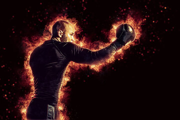 Wall Mural - Fighter man in fire. Sport advertising. MMA boxer