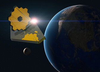 Wall Mural - james webb telescope in outer space near blue planet earth and moon with lens flare of sun. 3d rende
