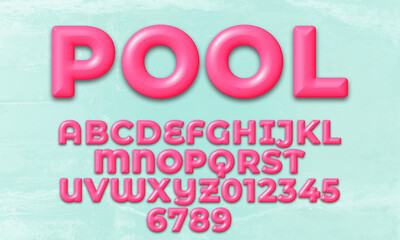 Wall Mural - Pink 3D alphabet with capital letters, textured display font, bold typeface, pool abc, creative uppercase typography for poster, banner, invitation, concept of summer, holiday, recreation