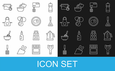 Wall Mural - Set line Vegetable peeler, Electric kettle, Barbecue spatula, mixer, Broken egg, Kitchen apron, Cooking pot and Scrambled eggs icon. Vector