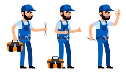 Handyman showing thumbs up. Repair Man shows ok gesture. Satisfied worker mechanic cartoon character. Vector illustration