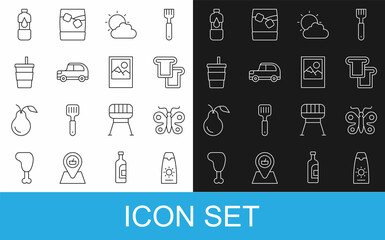 Sticker - Set line Sunscreen cream in tube, Butterfly, Bread toast, and cloud weather, Car, Paper glass with water, Bottle of and Photo frame icon. Vector