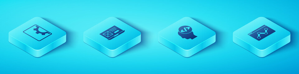 Set Isometric Web development, UI or UX design, Website statistic and Front end icon. Vector