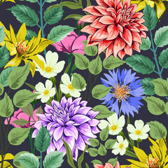 Wall Mural - Elegant colorful seamless pattern with botanical floral design illustration. 