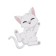Ręcznie rysowany uroczy mały biały kotek. Wektorowa ilustracja zadowolonego, rozbawionego kota. Słodki, zabawny zwierzak. Obrazki dla dzieci.