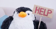 Plush Penguin Lifts Banner Help On Stick Sitting On Grey Sofa. Cute Fluffy Black And White Toy With Yellow Beak Asks For Help Close View