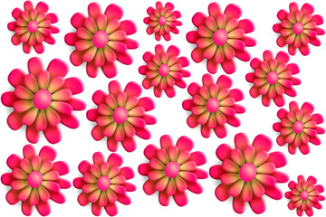 2d, 3d hybrid illustration of bright red, pink, and yellow flower pattern background texture.