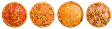 Pepperoni pizza, pizza quattro formaggi, pizza margherita, margarita,pizza with ham and mushrooms top view isolated on white background