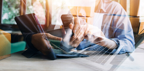 Businesswoman working with smart phone and laptop and digital tablet computer in office with digital marketing media in virtual icon