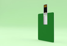 Plastic USB Flash Card In Green Color, Open And Isolated On Light Green Background. Disk Storage Memory Card. 3D Corporate Identity USB Card