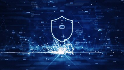 Cybersecurity data protection technology concept internet connection online network. There is a prominent shield in the middle. Binary code polygons and slow moving icons on dark blue background.