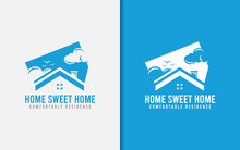 Home Sweet Home Logo Design. Abstract Minimalist Blue House Combined With Calm Cloudy And Bird Scenery.