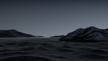 Dark Abstract Landscape. Dark Mountains In The Fog Among The Water. Darkness Among The Mountains And Ripples Of Waves In The Fog. Minimalistic Dark Cloudy Landscape. 3D Render.