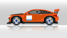 Concept Vector Illustration Of Detailed Side Of A Flat Orange Sports Car With Driving Man Inside Car. With Shadow Of Car On Reflected From The Ground Below. And Isolated White Background.