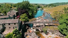Drone Ariel Footage Of Linton Falls Wharfedale Yorkshire Dales National Park UK