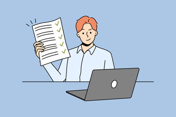 Happy man sitting at desk showing document with all tasks completed. Smiling businessman demonstrate filled form. Success and time management. Vector illustration. 