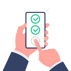 Wall Mural - Green check marks on smartphone screen. Hand holds the smartphone and finger touch screen. Vector illustration..