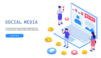 Wall Mural - social media concept, web banner. group of people using social media on laptop. vector illustration.