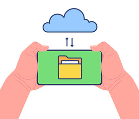 Wall Mural - hands holding smartphone with swapping files before cloud and server on screen. cloud storage. vecto
